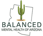 Balanced Mental Health of Arizona logo of a cactus in an outline of the state of Arizona.